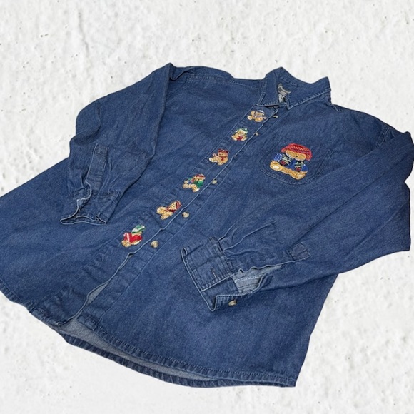Womens Large Christmas Denim Shirt Relaxed Cotton LS Button Front Teddy Bears - Picture 3 of 4